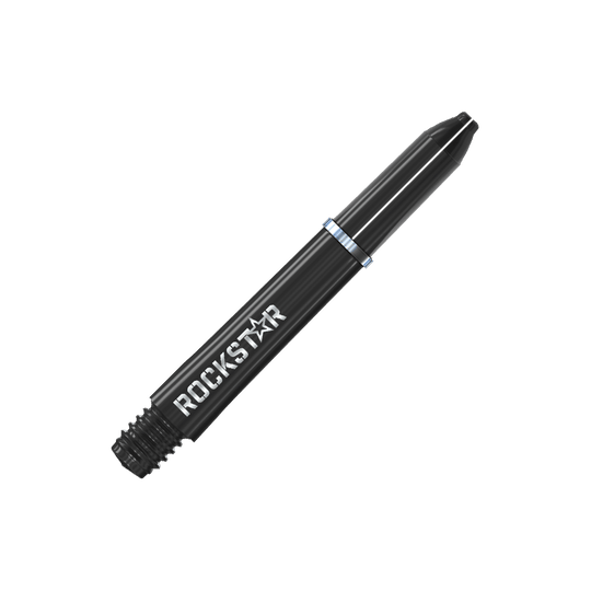 Winmau Joe Cullen Rockstar Nylon Shafts Czarny Auf dem Bild ist ein schwarzer Dart-Schaft mit der Aufschrift "ROCKSTAR" zu sehen. Der Schaft hat einen silbernen Ring in der Mitte.