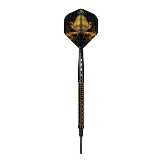 Das Bild zeigt einen Softdart namens "Mission Scorpion Softdarts - 19g". Auf dem Flight ist ein auffälliges Skorpion-Design in Gelb und Schwarz zu sehen.