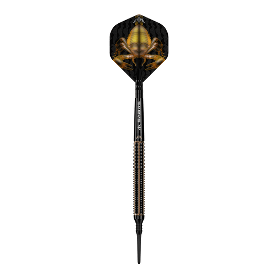 Miękkie lotki Mission Scorpion - 19g Das Bild zeigt einen Softdart namens "Mission Scorpion Softdarts - 19g". Auf dem Flight ist ein auffälliges Skorpion-Design in Gelb und Schwarz zu sehen.