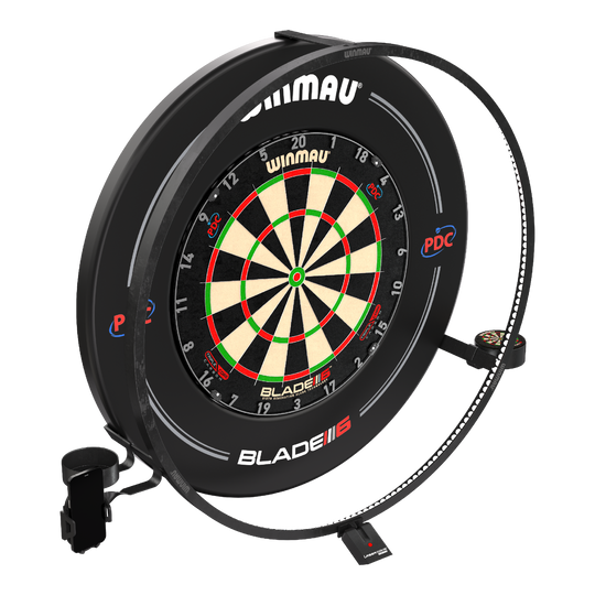 Zestaw akcesoriów plazmowych Winmau Das Bild zeigt das "Winmau Plasma Zubehör Set" für Dartscheiben. Es besteht aus einem beleuchteten LED-Ring und weiterem Zubehör rund um die Dartscheibe.