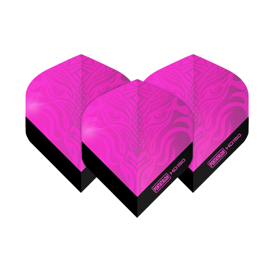 Pentathlon HD150 Metallic Pink Standard Flights Das Bild zeigt drei Pentathlon HD150 Metallic Pink Standard Flights. Die Flights sind leuchtend pink mit einem schwarzen unteren Rand und einem dekorativen Muster.