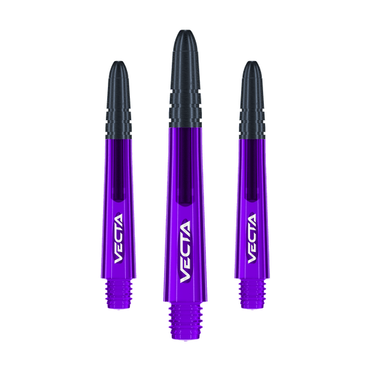 Winmau Vecta Shafts - fioletowo-czarne Das Bild zeigt drei violett-schwarze Dartschäfte mit der Aufschrift "VECTA". Sie sind gleich lang und nebeneinander angeordnet.