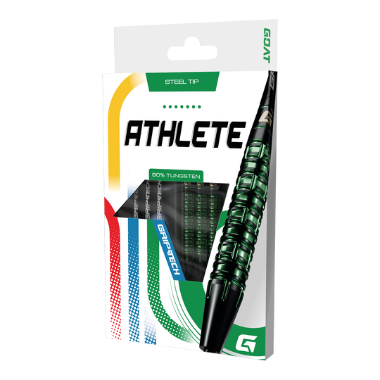 Lotki GOAT Athlete Green Tungsten Steel Dieses Bild stellt die GOAT Athlete Green Tungsten Steeldarts dar. Die Darts heben sich durch ihr grünes Design hervor.
