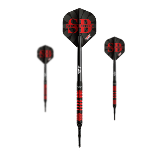 Hier ist ein Set der Bulls NL Stefan Bellmont 90 Softdarts - 20g zu sehen. Das Set wurde für professionelle Dartspieler entwickelt.