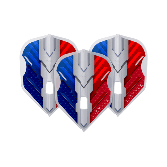 L-Style V-Series V1 Typ B Francja Przezroczysta biel L3PRO Loty Das Bild zeigt drei Dart-Flights mit einem modernen Design in den Farben Blau, Weiß und Rot. Auf den Flights steht der Schriftzug "L-Style".