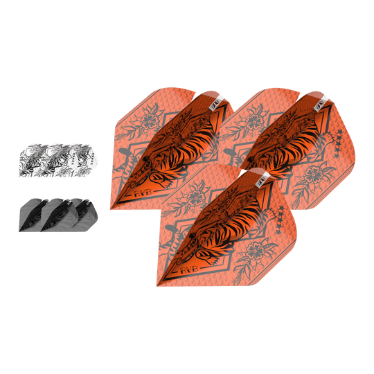 Target Ink Bundle 3 Zestawy Raymonda Van Barnevelda No2 Standard Flights Das Bild zeigt drei Sätze Dartflights in verschiedenen Farben und Designs, darunter auffällige orangefarbene Flights mit Tiger-Motiv. Es handelt sich um das Produkt "Target Ink Bundle 3 Sets Raymond Van Barneveld No2 Standard Flights."