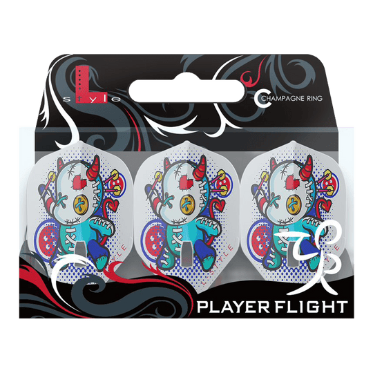 Das Bild zeigt die Produktverpackung der "L-Style Carole Frison V1 White L1PRO Flights" für Dartpfeile. Die Flights sind weiß und mit einem bunten, cartoonartigen Charakter verziert.