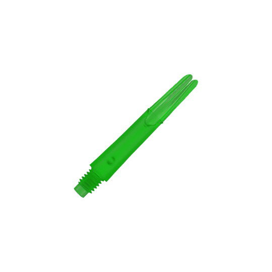 Das Bild zeigt einen geraden, grünen Dart-Schaft ohne Kappen. Er ist aus Kunststoff gefertigt und hat ein Schraubgewinde am unteren Ende.