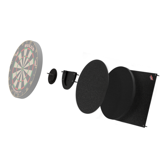 Tłumik tarczy do darta Bulls NL Das Bild zeigt das Produkt "Bulls NL Dartboard Silencer" in einer Explosionszeichnung. Die verschiedenen Teile sind einzeln dargestellt, darunter das Dartboard und mehrere schallabsorbierende Schichten.