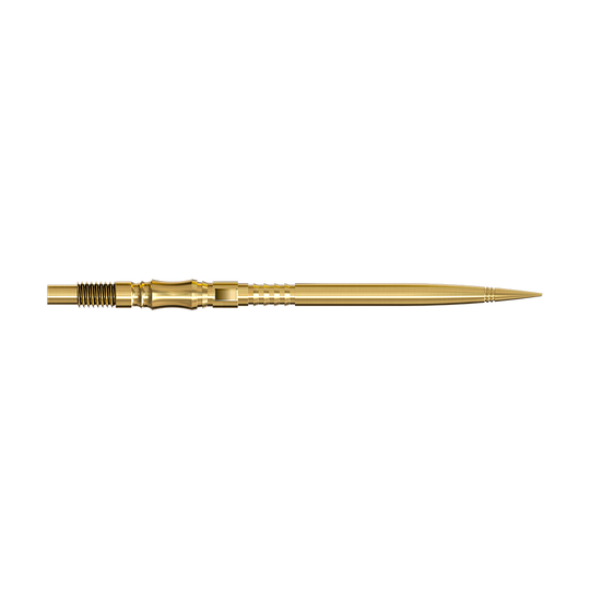 Końcówki do lotek Harrows Quick Point Axis Elite Series – złote Zwei lange, goldene Dartspitzen werden seitlich gezeigt. Beide Spitzen liegen parallel auf einer hellen Fläche.