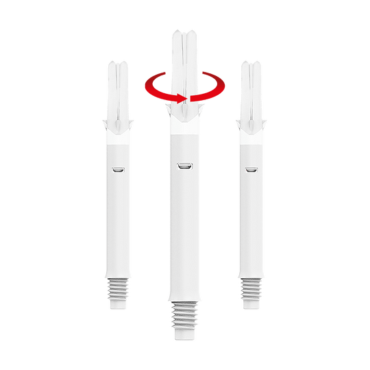 Wałki typu L Silent Straight - białe Das Bild zeigt drei weiße Dartshafts mit einem geraden Design. Über dem mittleren Shaft ist ein roter Pfeil zu sehen, der eine Drehbewegung anzeigt.
