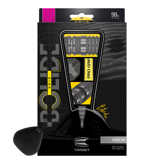 Stalowe lotki Target Bolide Void 02 Swiss Point Das Bild zeigt die Verpackung der "Target Bolide Void 02 Swiss Point Steeldarts". Die Darts bestehen zu 90% aus Tungsten und haben eine Stahlspitze.