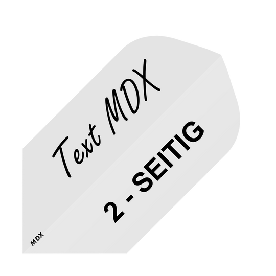 Das Bild zeigt ein Beispiel für bedruckte Dart-Flights mit individuellem Wunschtext. Auf dem Flight steht "Text MDX" und "2-SEITIG".