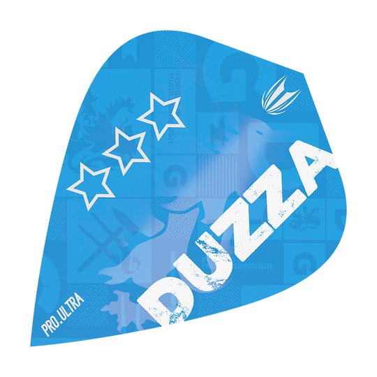 TG8_335680_Target_ProUltra_Glen_Durrant_Kite_Flights_1 Das Bild zeigt ein blaues Dartflight mit dem Aufdruck "DUZZA" in großen weißen Buchstaben. Auf dem Flight sind außerdem drei weiße Sterne und das Logo "PRO ULTRA" zu sehen.
