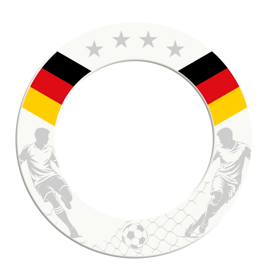 Obudowa tarczy do darta McDart Football Gezeigt wird die McDart Fußball Dartboard Surround. Diese Umrandung schützt die Wand und bringt Fußball-Design an das Dartboard.