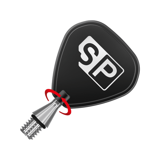 380168_Target_Titanium_Swiss_Point_Nano_Conversion_Points_Silber_3 Das Bild zeigt eine silberne Titan-Spitze mit einem schwarzen Aufsatz, auf dem die Buchstaben "SP" stehen. Ein roter Pfeil deutet auf eine Drehbewegung am Übergang zwischen Spitze und Aufsatz hin.