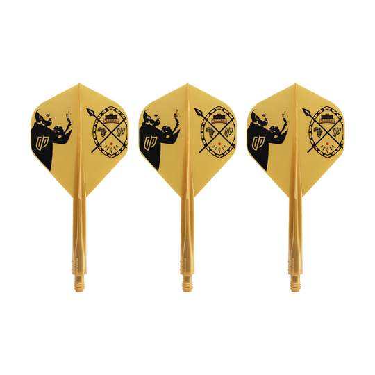 System lotu Condor AX Devon Petersen Inspiration – standardowy Auf dem Bild sind drei gelbe Dart-Flights mit schwarzem Motiv zu sehen. Sie tragen das Design des Condor AXE Devon Petersen Inspiration Flight-Systems in Standardform.