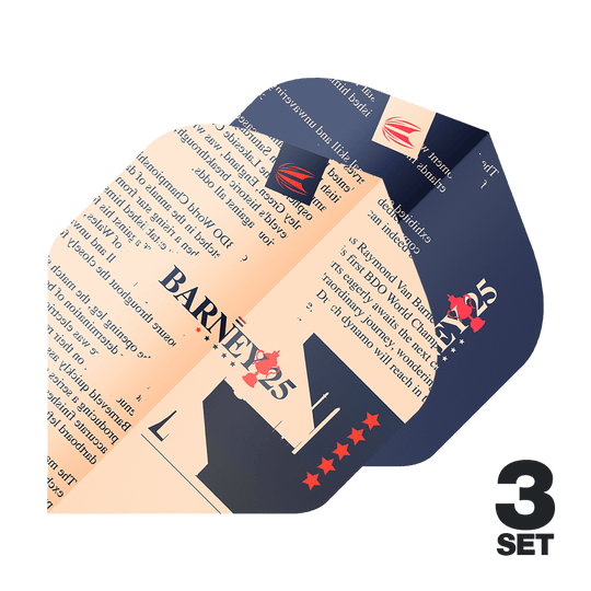 Kieruj na standardowe loty ProUltra Raymond Van Barneveld Barney25 Das Bild zeigt die Target ProUltra Raymond Van Barneveld Barney25 Standard Flights in einem auffälligen Design. In der rechten unteren Ecke steht "3 SET", was darauf hinweist, dass drei Sätze enthalten sind.