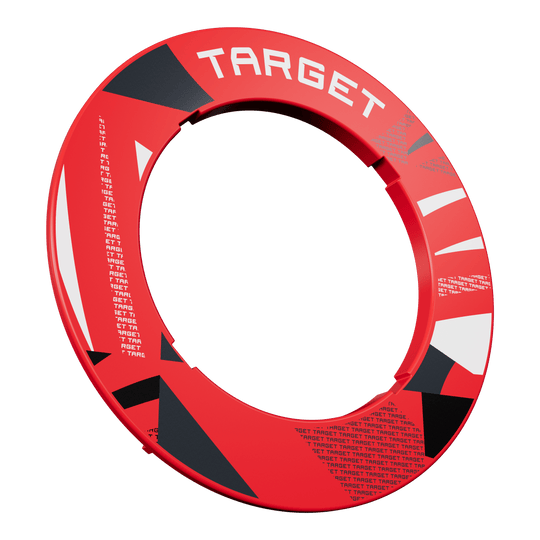 Eine rote Dartboard-Umrandung mit Muster ist frontal abgebildet. Die Umrandung wirkt kontrastreich.