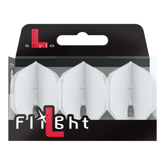 Die Verpackung enthält drei transparente Dart-Flights der Marke L-Style. Auf der Packung steht groß „Flight“ und oben links ist das L-Style-Logo zu sehen.