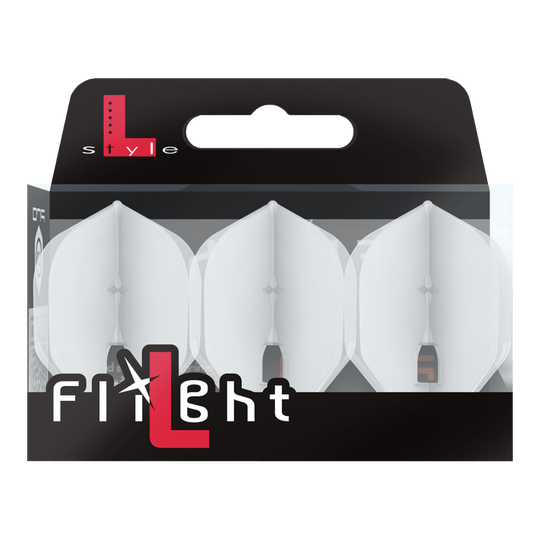 L-Style Champagne L1PRO Flights Die Verpackung enthält drei transparente Dart-Flights der Marke L-Style. Auf der Packung steht groß „Flight“ und oben links ist das L-Style-Logo zu sehen.