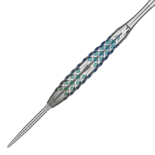 Stalowe lotki Target Rove 02 Swiss Point Das Bild zeigt einen Target Rove 02 Swiss Point Steeldart. Der Dartpfeil hat ein silbernes Gehäuse mit auffälligem, farbigem Muster und präziser Gravur.