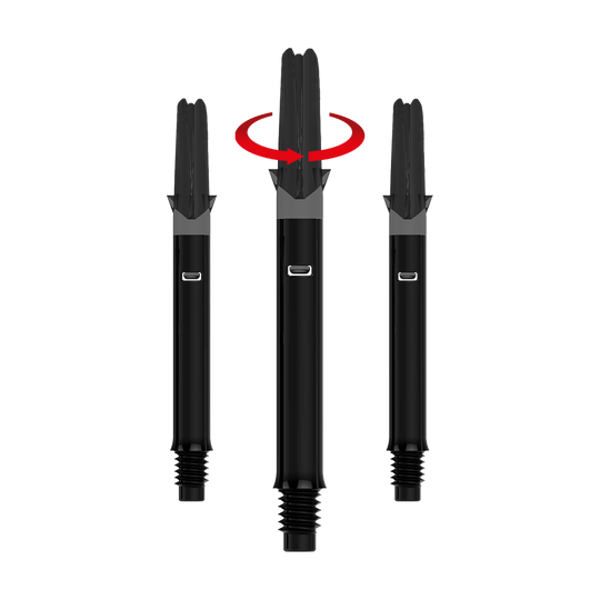 Wałki L-L-Style-Shafts Silent Straight - czarne Das Bild zeigt drei schwarze Dartschäfte ohne Kappen. Über dem mittleren Schaft ist ein roter Pfeil, der eine Drehbewegung anzeigt.