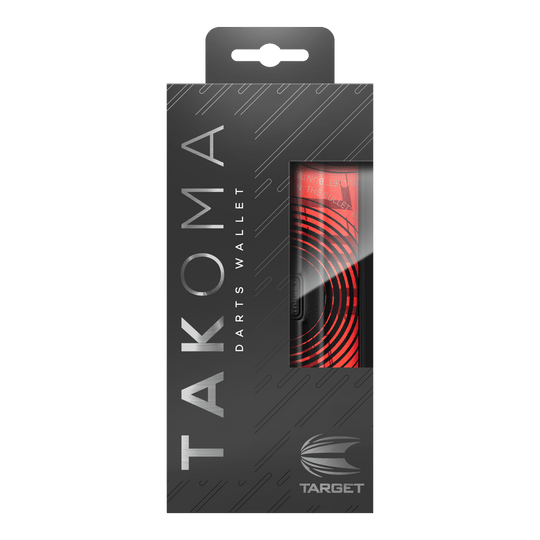 Etui na lotki Target Takoma Stephen Bunting Die Abbildung zeigt die Verpackung des Produktes „Target Takoma Stephen Bunting Dartcase“. Das Etui ist rot-schwarz gestaltet und befindet sich in einer eleganten, schwarzen Box mit Sichtfenster.