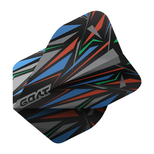 Das Bild zeigt das Produkt "GOAT Athlete Black No2 Standard Flights". Das Flight hat ein auffälliges, geometrisches Muster in Schwarz, Blau, Rot, Grün und Grau.