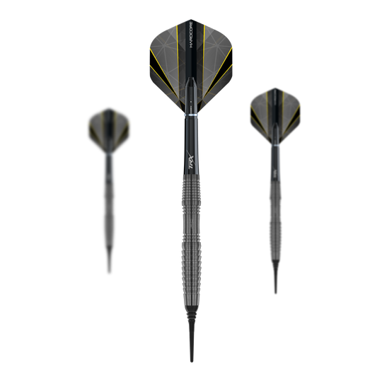 Das Bild zeigt drei Softdarts des Modells "Red Dragon Seren 3 Onyx" mit einem Gewicht von 20g. Die Darts sind schwarz mit einem modernen Design und gelben Akzenten auf den Flights.
