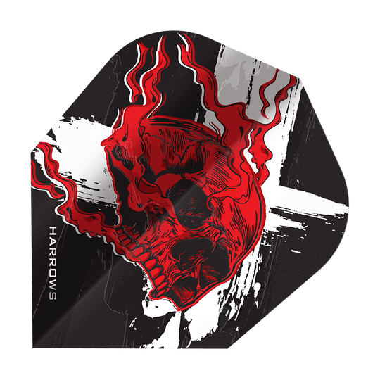 Auf dem Bild sind Harrows Ryan Searle Heavy Metal No6 Flights dargestellt. Die Flights sind bekannt für ihre hohe Qualität und das markante Design.