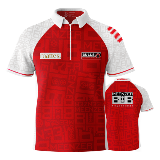 Koszulka Bulls Niko Springer Meenzer Bub Dart Das Bild zeigt das Dartshirt "Bulls Niko Springer Meenzer Bub" in Rot und Weiß. Auf der Vorder- und Rückseite sind verschiedene Logos und Schriftzüge abgebildet.
