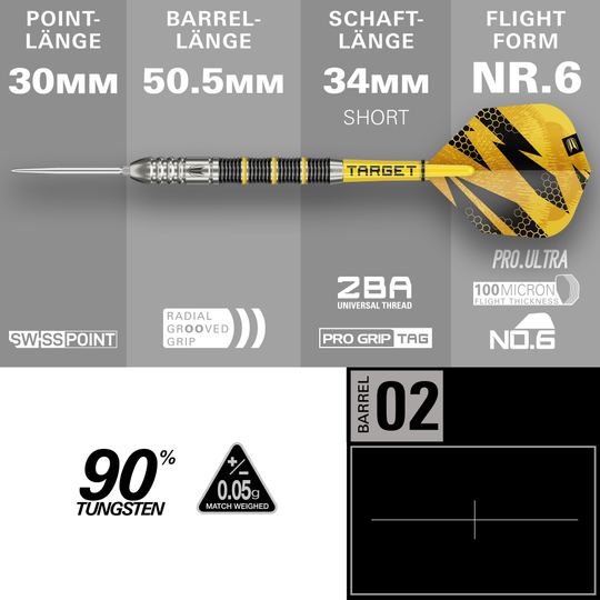 Stalowe lotki Target Buzz 02 Swiss Points Hier sieht man die Target Buzz 02 Swiss Points Steeldarts. Die Darts sind deutlich und im Detail abgebildet.