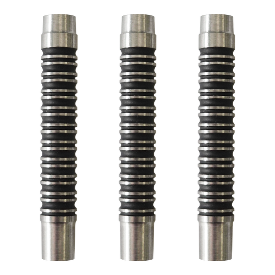 Dargestellt ist ein Set der McDart Black Ring 2 Softdart Barrels - 18g. Das Set zeigt schwarze Dart-Barrels mit Ringen.