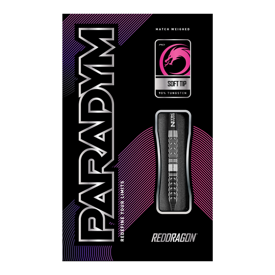 Red Dragon Paradym Tapered Soft Darts - 20g Das Bild zeigt die Verpackung der "Red Dragon Paradym Tapered Softdarts - 20g". Die Verpackung ist schwarz mit auffälligen pinken und silbernen Akzenten und zeigt den Dartpfeil und das Red Dragon Logo.