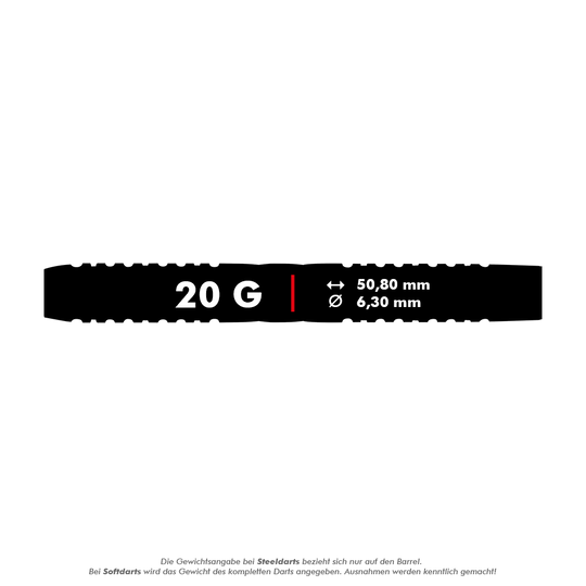 Czerwone lotki do gry Red Dragon Gerwyn Price Iceman Midnight Edition Soft Darts – 20 g Das Bild zeigt einen schwarzen Dart mit der Aufschrift "20 G". Zusätzlich sind die Maße 50,80 mm Länge und 6,30 mm Durchmesser angegeben.