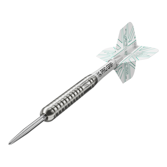 Das Bild zeigt einen Target Rob Cross Voltage Swiss Point Steeldart. Der Dartpfeil ist silbern und hat weiße Flights mit grünen Akzenten.
