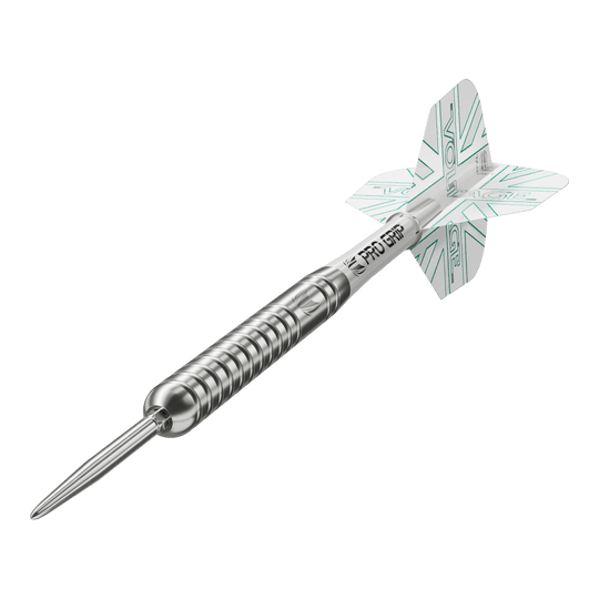 Lotki stalowe Target Rob Cross Voltage Swiss Point Das Bild zeigt einen Target Rob Cross Voltage Swiss Point Steeldart. Der Dartpfeil ist silbern und hat weiße Flights mit grünen Akzenten.