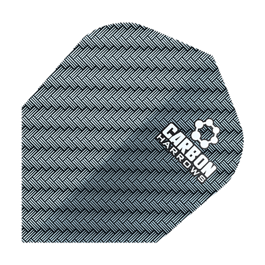 HR52_Harows_Carbon_No6_Flights_Blau_1 Das Bild zeigt das Produkt „Harrows Carbon Flights HR52“. Es ist in einem schwarzen Muster mit einem weißen Logo und Schriftzug gestaltet.