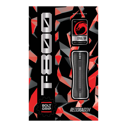 Red Dragon T-800 Steeldarts Die Abbildung zeigt die Verpackung der Red Dragon T-800 Steeldarts. Das Design ist schwarz mit roten und silbernen Akzenten, und der Dartpfeil ist in der Mitte sichtbar.
