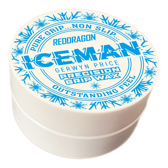 Wosk do palców Red Dragon Gerwyn Price Iceman Precision Grip Wax Das Bild zeigt eine weiße Dose mit der Aufschrift „Red Dragon Gerwyn Price Iceman Precision Grip Wax“. Auf dem Deckel sind blaue Schneeflocken und Werbeslogans wie „Pure Grip… Non Slip… Outstanding Feel“ abgebildet.