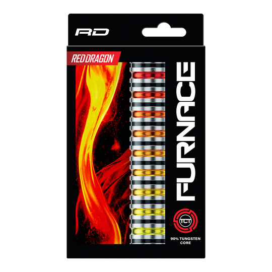 Stalowe rzutki Red Dragon Furnace Abgebildet sind die Red Dragon Furnace Steeldarts. Die Darts liegen nebeneinander und zeigen ihr markantes Design.