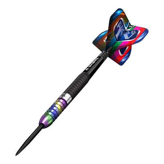 Misja Matt Edgar Steeldarts Dieses Bild zeigt einen Mission Matt Edgar Steeldart. Der Dartpfeil hat einen bunten Schaft und eine auffällige, farbenfrohe Flight.