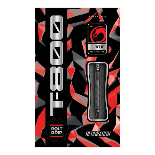 Miękkie lotki Red Dragon T-800 - 20g Hier ist das Produkt "Red Dragon T-800 Softdarts - 20g" abgebildet. Die Verpackung ist in Rot, Schwarz und Silber gestaltet und zeigt einen Softdart mit 90% Tungsten.