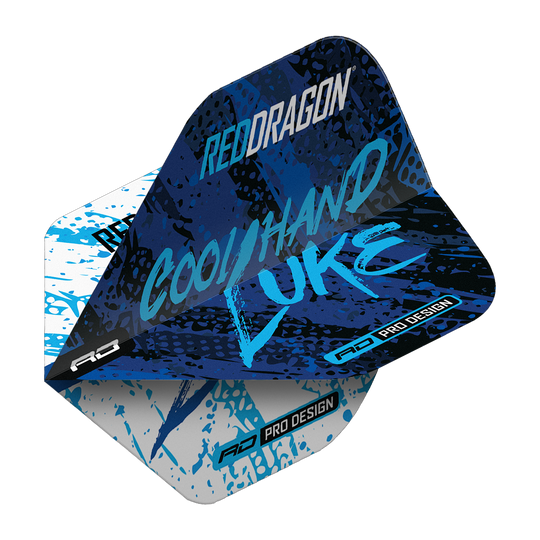 Czerwony Smok Luke Humphries Mistrz Świata Niebieski Biały Yin Yang Standardowe Loty Das Bild zeigt ein Dart-Flight im Design "Red Dragon Luke Humphries World Champion Blue White Yin Yang Standard Flights". Auf dem Flight stehen die Worte "Cool Hand Luke" in blauer Schrift auf einem blau-weißen Hintergrund.
