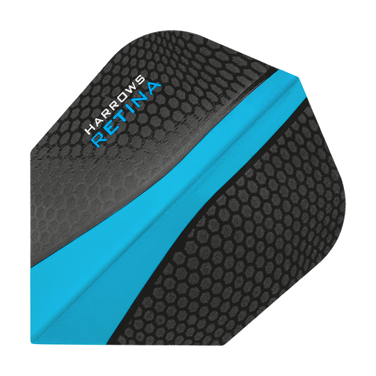 Das Bild zeigt ein Harrows Retina Aqua No6 Dartflight. Das Flight ist schwarz mit einem blauen Streifen und einer wabenartigen Struktur.