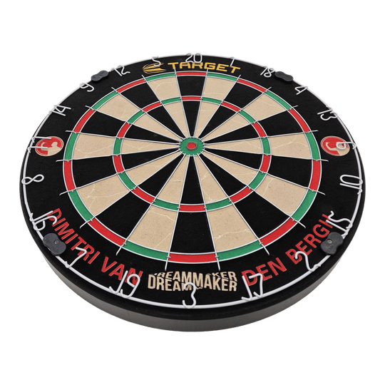 Zestaw tarcz stalowych Target Dimitri Van Den Bergh Das Bild zeigt eine Steeldart-Scheibe mit farbigen Feldern und Metallabtrennungen. Am Rand steht der Name "Dimitri Van Den Bergh" sowie der Schriftzug "Dreammaker".