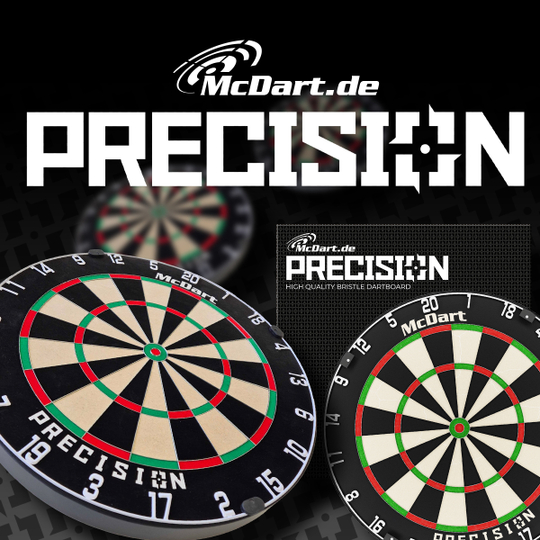 Stalowa tarcza do darta McDart Precision Das Bild zeigt das Produkt „McDart Precision Steeldartboard“ mit mehreren abgebildeten Dartboards. Im Hintergrund ist der Markenname und das Wort „PRECISION“ groß angezeigt.