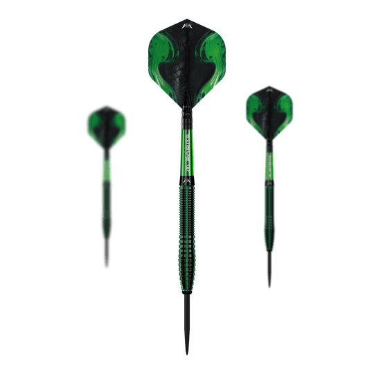 Stalowe rzutki Mission Venom Das Bild zeigt drei Steeldarts des Produkts "Mission Venom". Die Darts sind in Schwarz und Grün gehalten und besitzen ein auffälliges, giftiges Design.