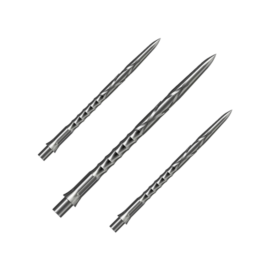 Das Bild präsentiert ein Set Caliburn Evo System Steeldartspitzen, HAN G2, Silber, 40mm. Das Set enthält mehrere Spitzen für Steeldarts.